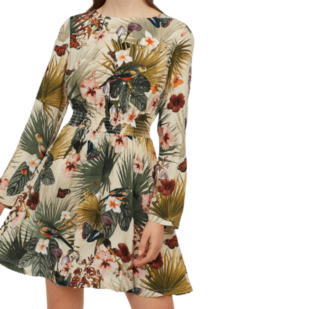 H&M Tropical Safari Bird Palm Leaf Butterfly Floral Print Dress Size 4
